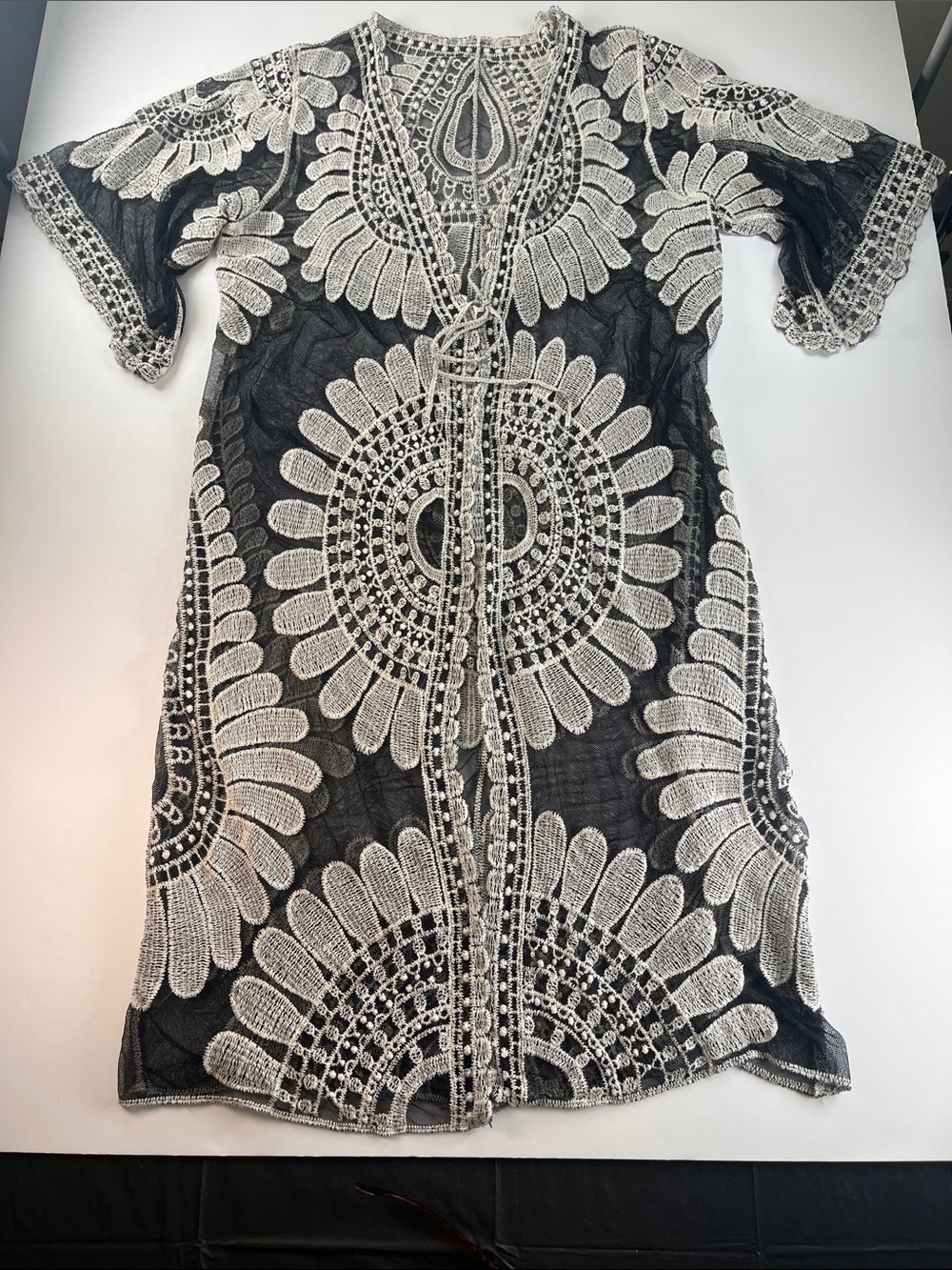 Cupshe Black Midi Wrap with White Crochet Floral Motifs Cotton Blend OS